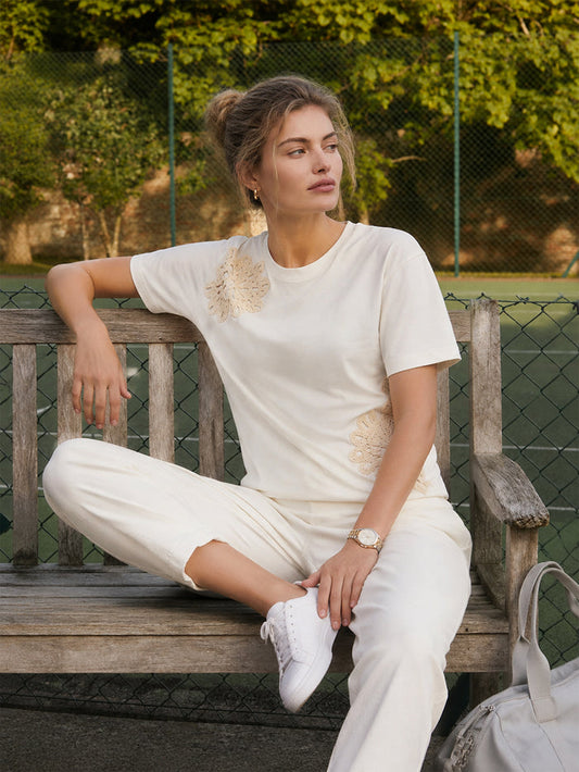 Madame Off White Embroidered Cotton Round Neck T-Shirt
