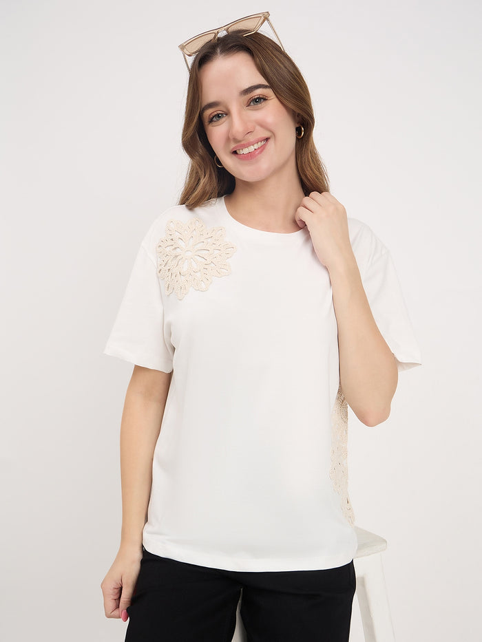 Madame Off White Embroidered Cotton Round Neck T-Shirt