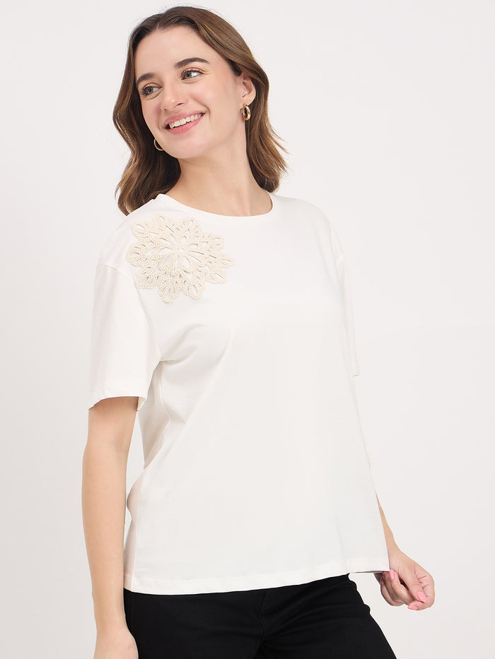 Madame Off White Embroidered Cotton Round Neck T-Shirt