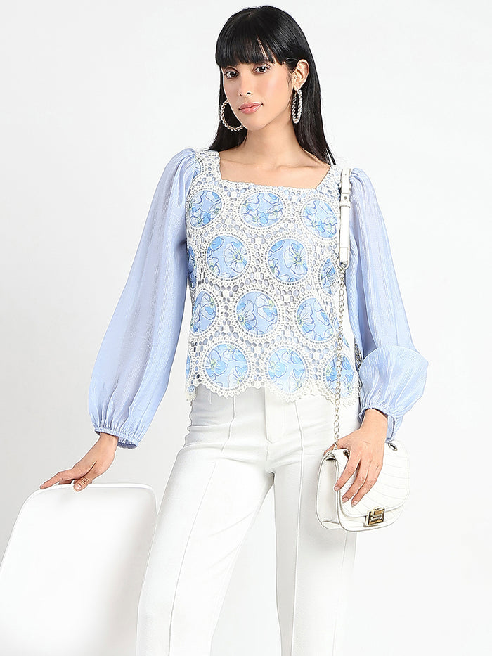 Madame Printed Powder Blue Tencel Blend Crochet Top