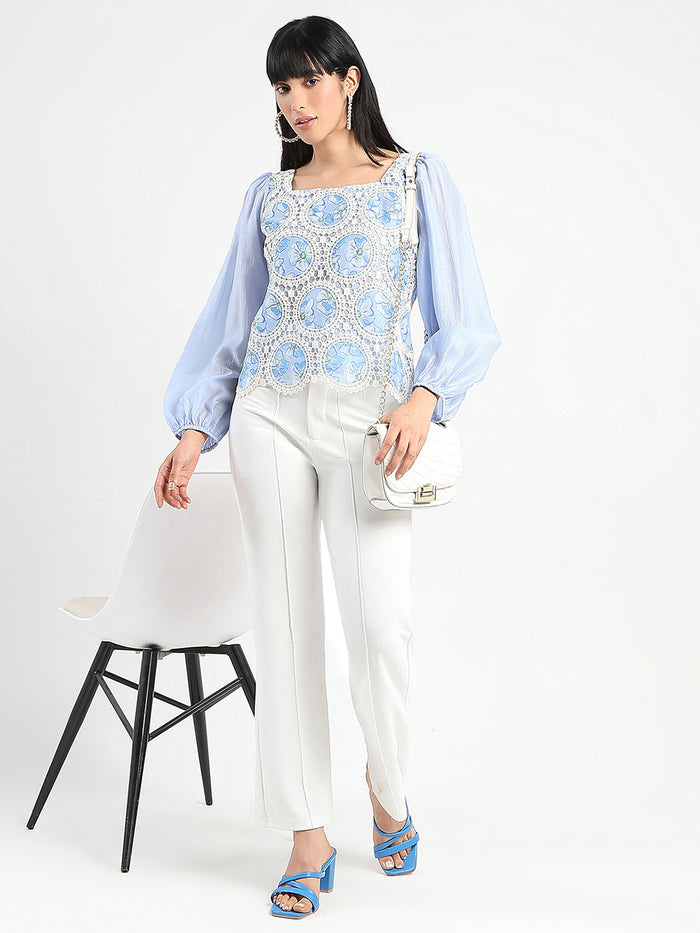Madame Printed Powder Blue Tencel Blend Crochet Top
