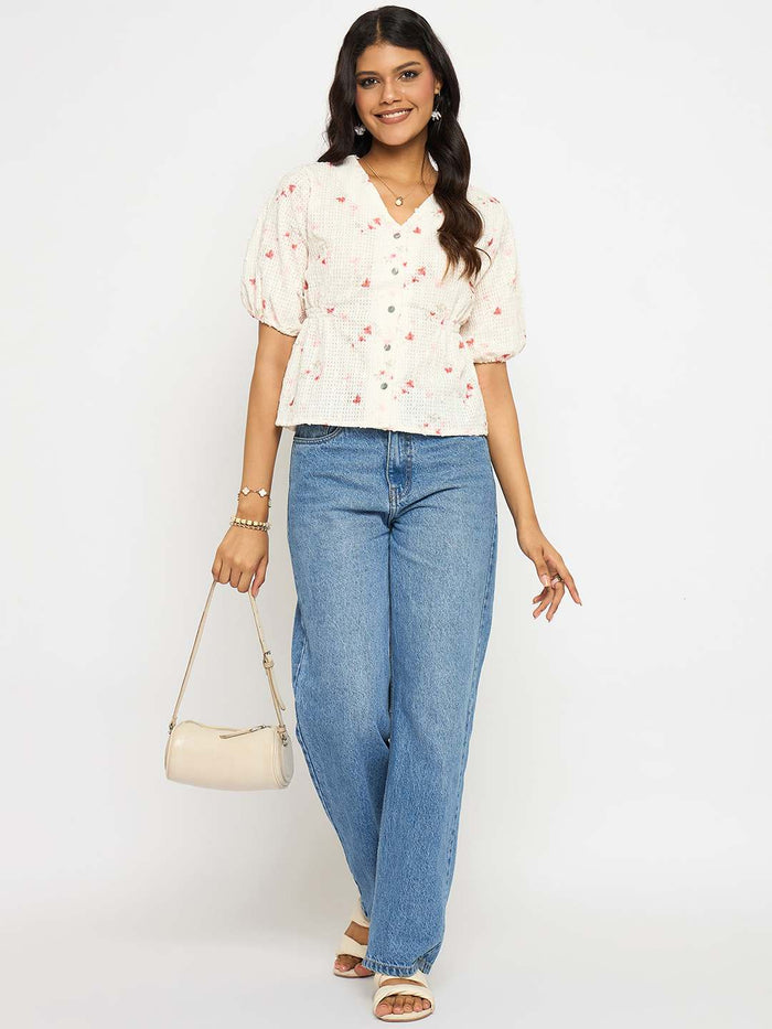 Madame Printed V Neck Red Top