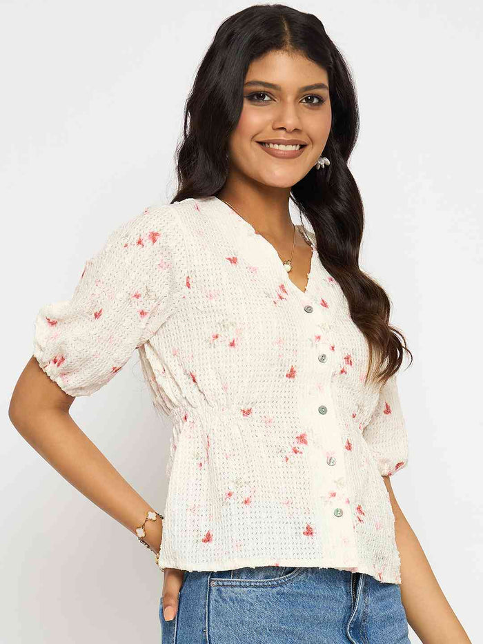 Madame Printed V Neck Red Top