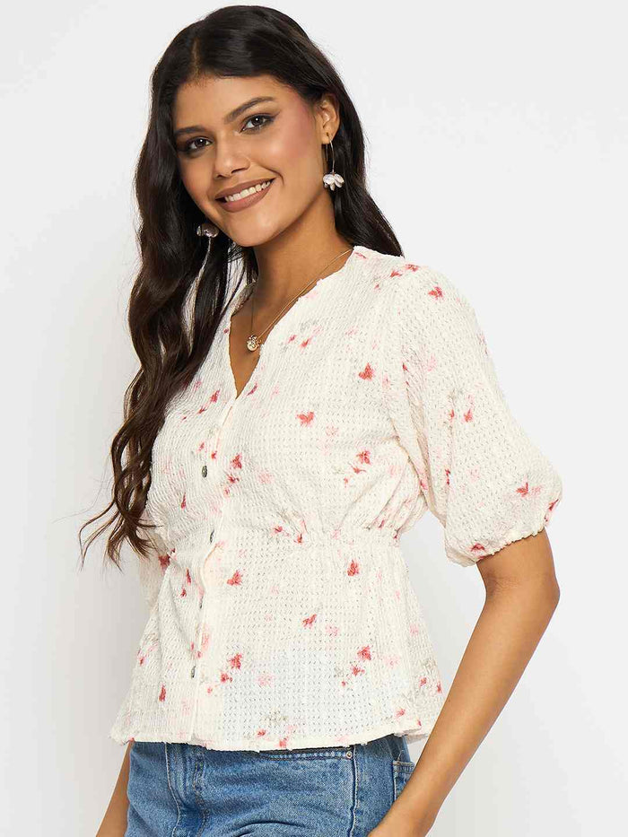 Madame Printed V Neck Red Top
