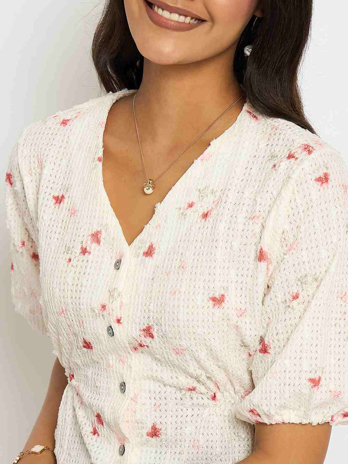 Madame Printed V Neck Red Top