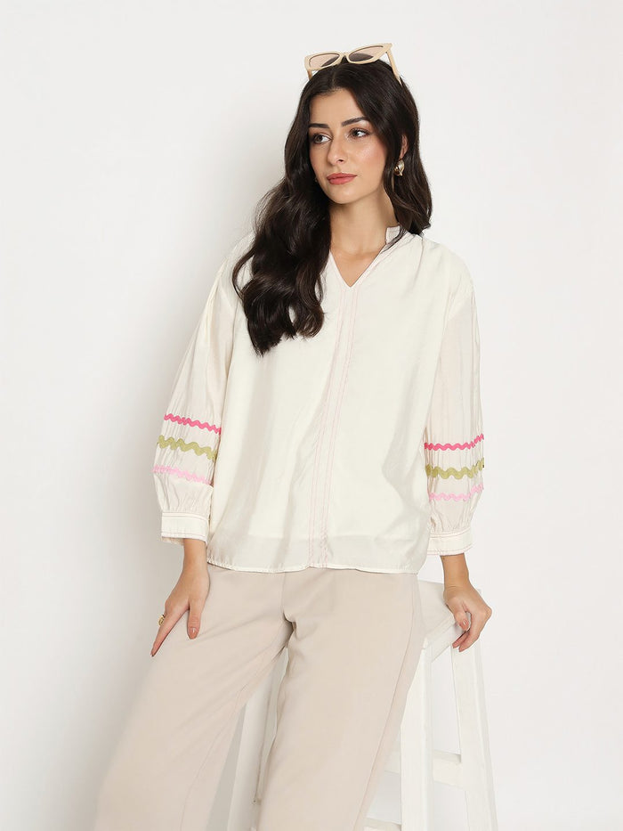 Madame Rayon Blend Dori Embroidered Off White Top