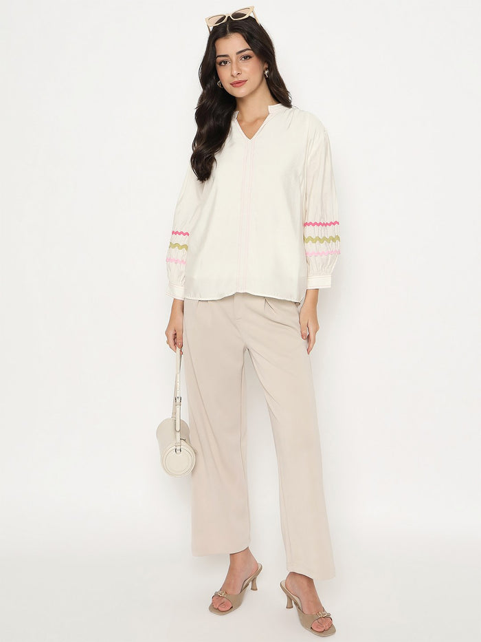 Madame Rayon Blend Dori Embroidered Off White Top