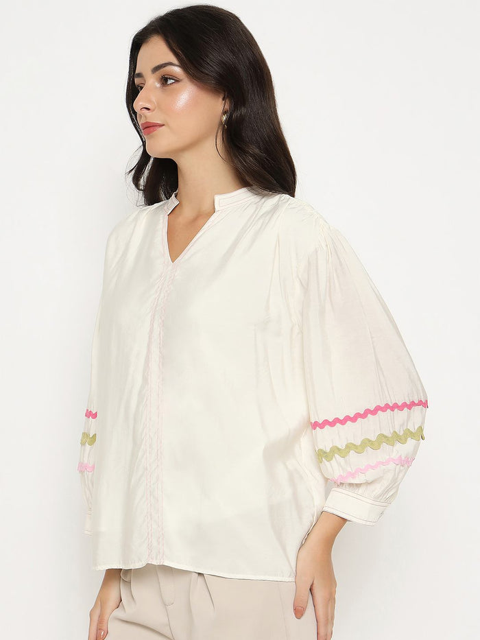 Madame Rayon Blend Dori Embroidered Off White Top