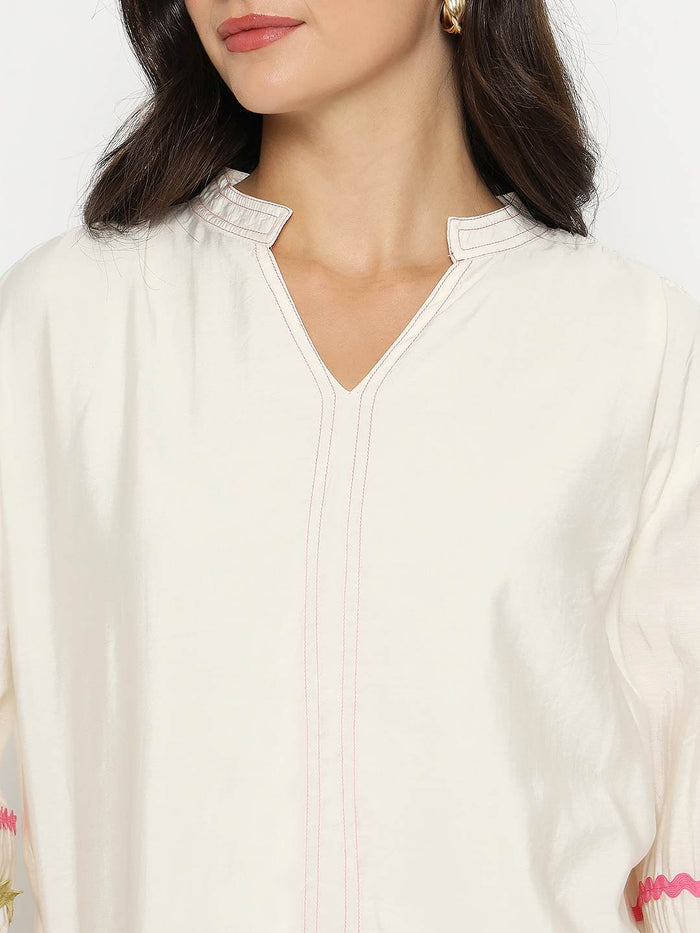 Madame Rayon Blend Dori Embroidered Off White Top