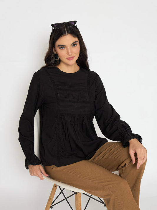 Madame Ruched Detail Black Viscose Top