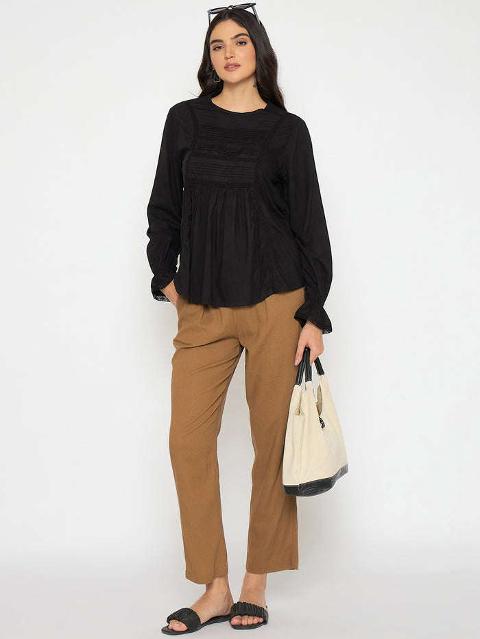 Madame Ruched Detail Black Viscose Top