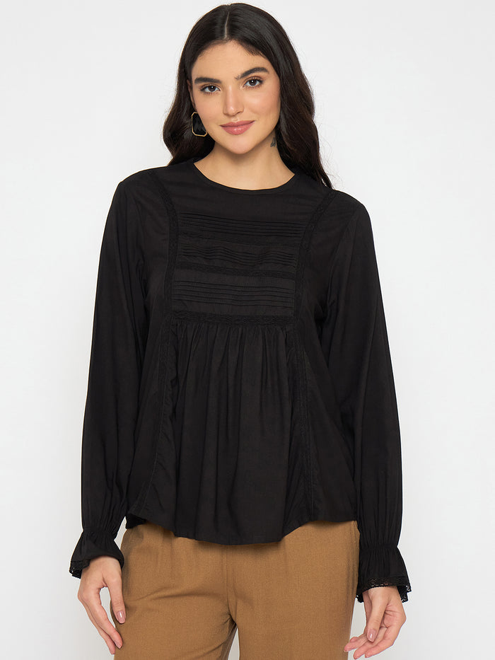 Madame Ruched Detail Black Viscose Top