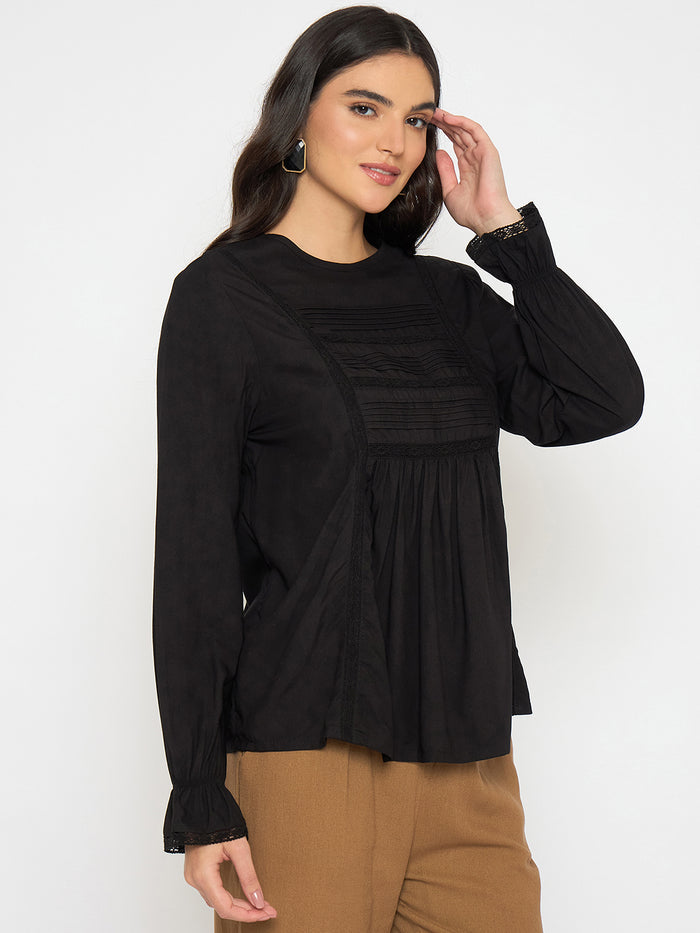 Madame Ruched Detail Black Viscose Top