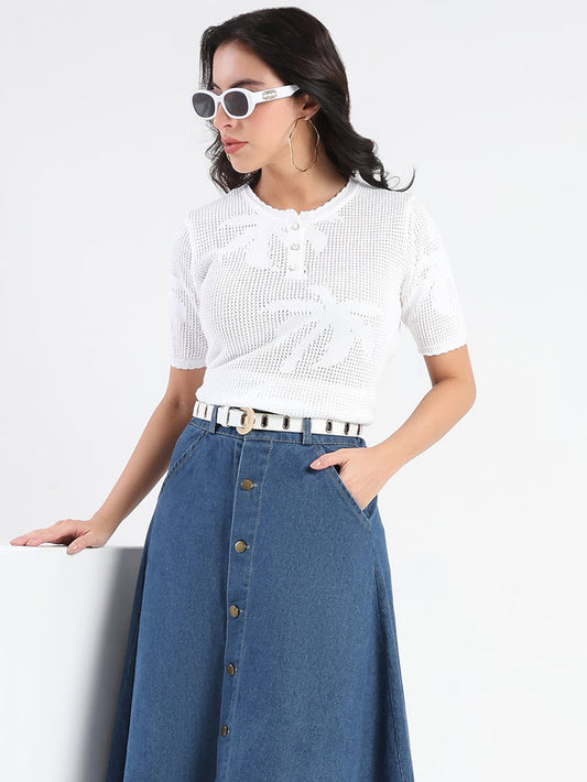 Madame Semi Sheer Botanical Pattern White Knit Top
