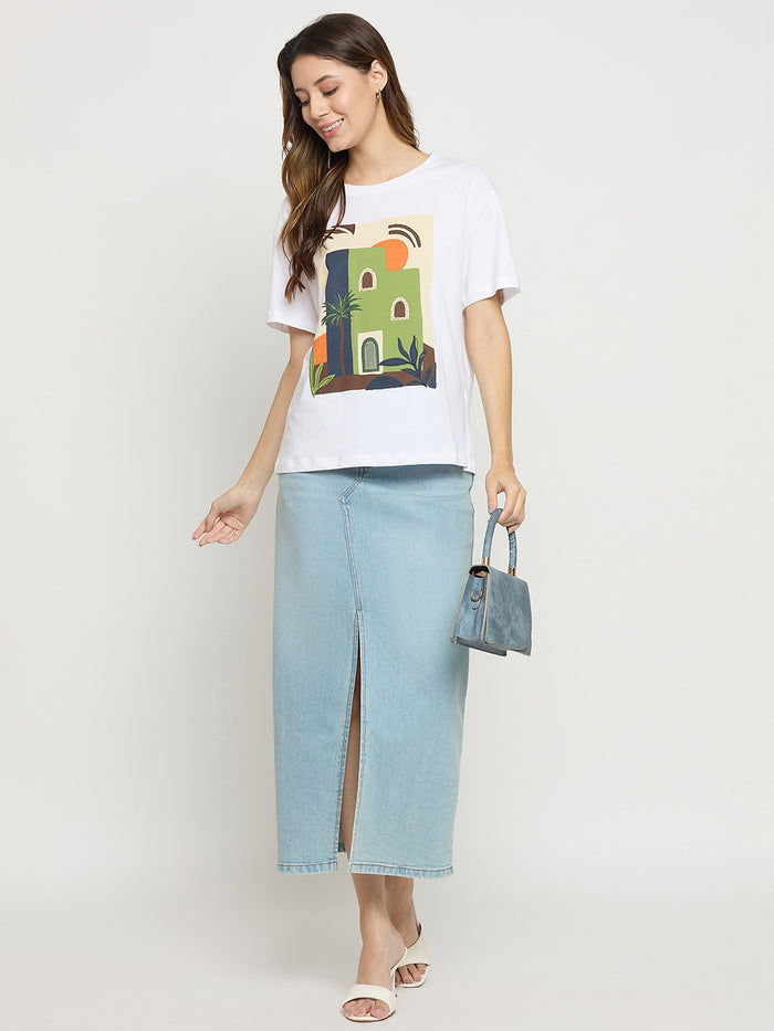 Madame White Graphic Print Cotton Round Neck T-Shirt