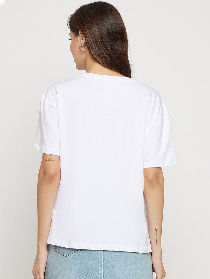 Madame White Graphic Print Cotton Round Neck T-Shirt