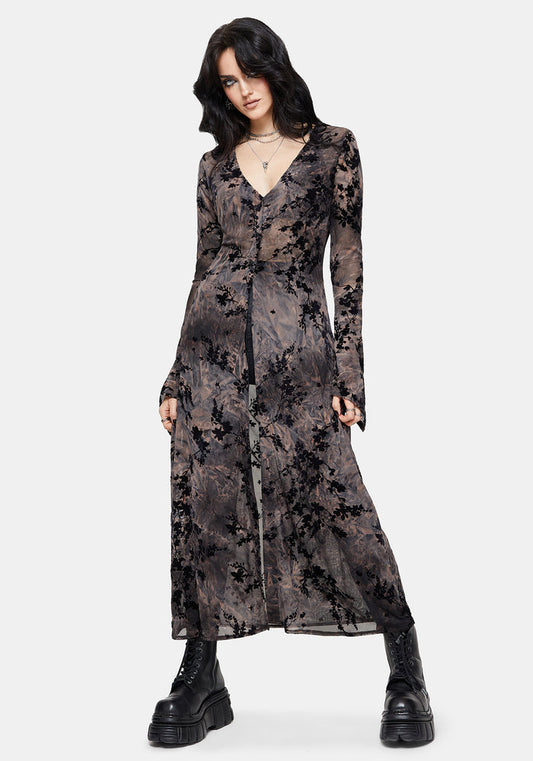 Monroe Flocked Mesh Long Sleeve Midaxi Overdress UK 10