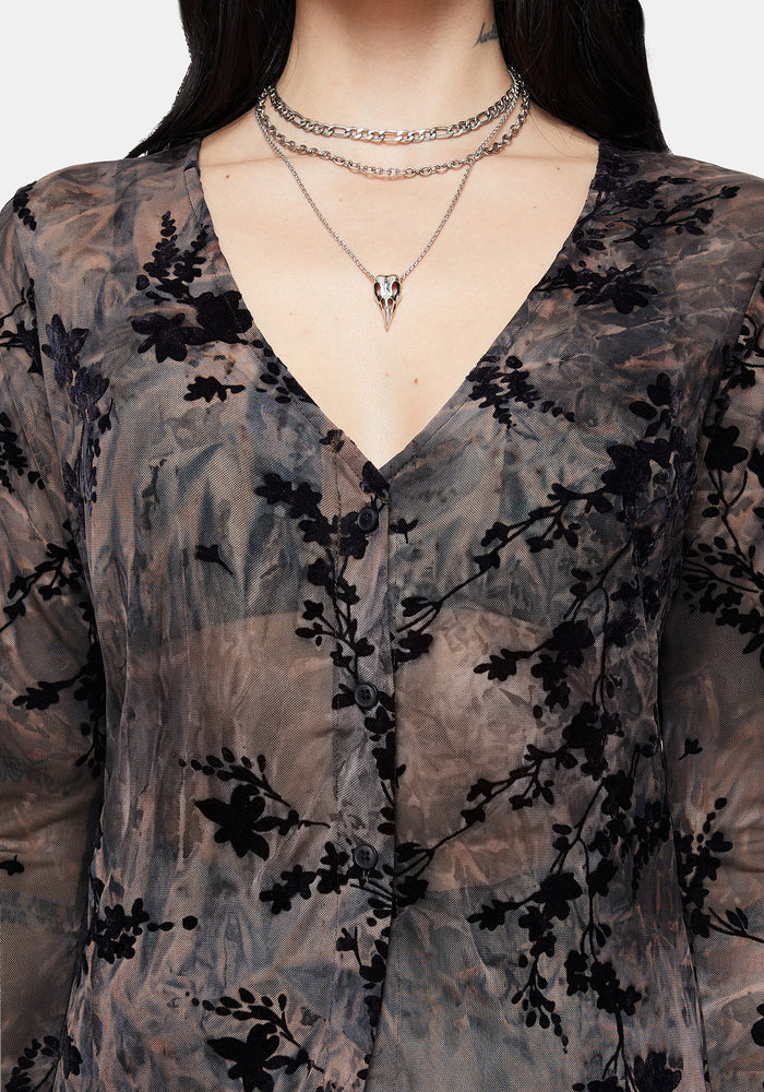 Monroe Flocked Mesh Long Sleeve Midaxi Overdress UK 10