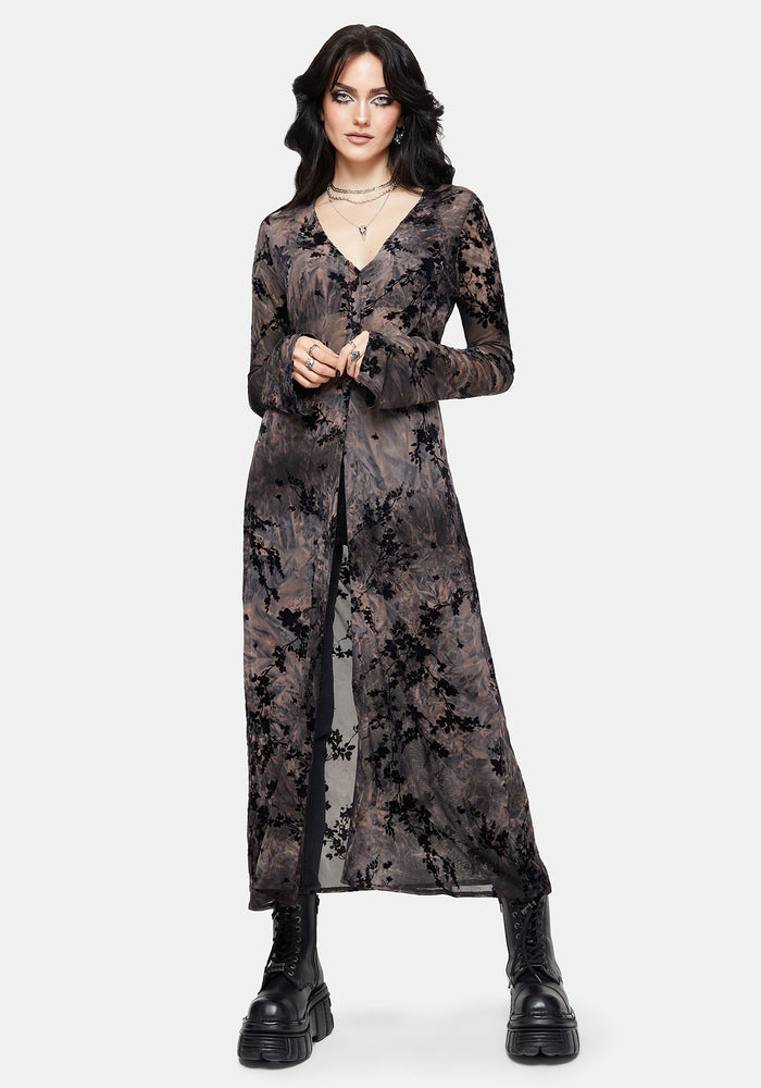Monroe Flocked Mesh Long Sleeve Midaxi Overdress UK 10