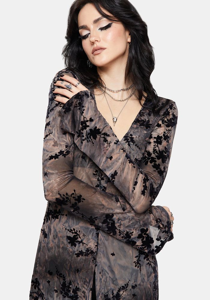 Monroe Flocked Mesh Long Sleeve Midaxi Overdress UK 10
