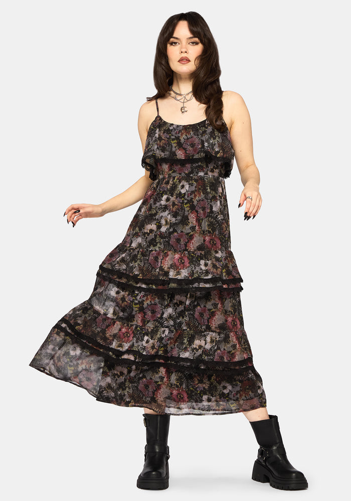 Mortua Grunge Floral Print Peplum Frill Cami Maxi Dress