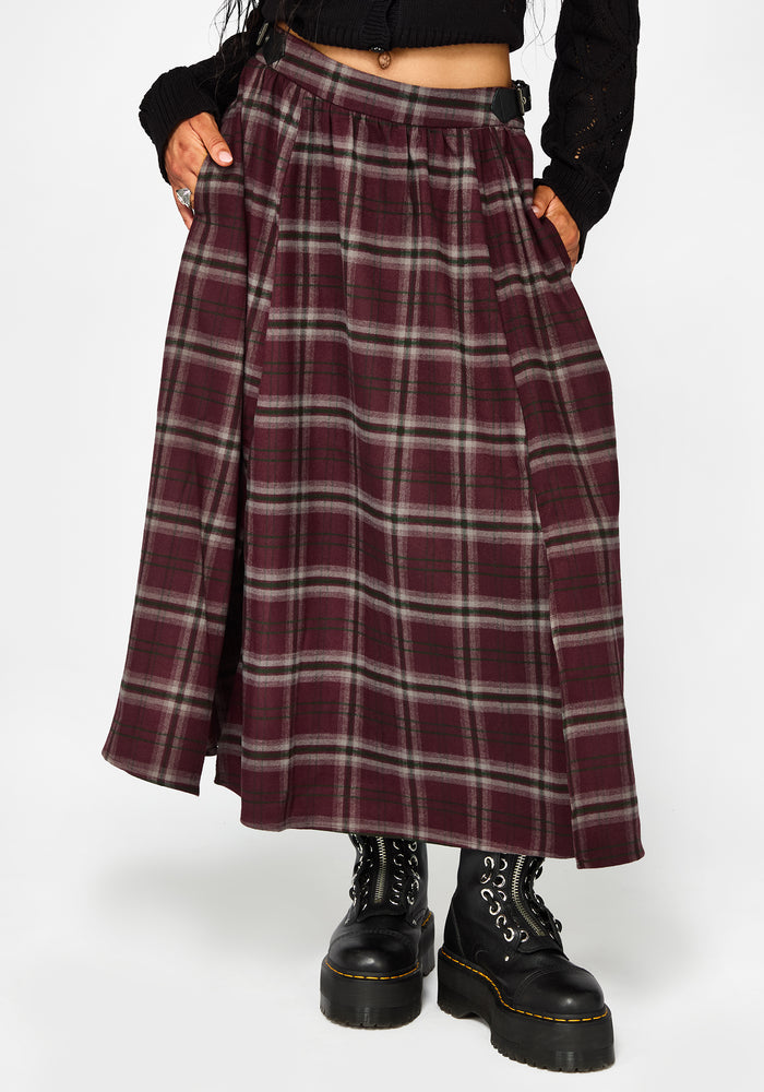 Nightingale Buckled Check Midi Skirt - Burgundy