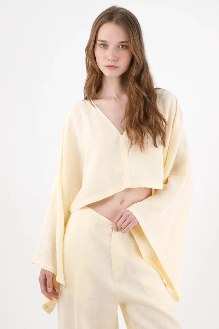 Relaxed Fit Shirt with Kimono Sleeves in Pastel Yellow for Women