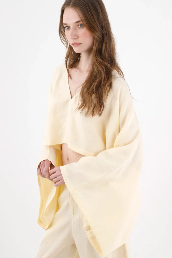 Relaxed Fit Shirt with Kimono Sleeves in Pastel Yellow for Women
