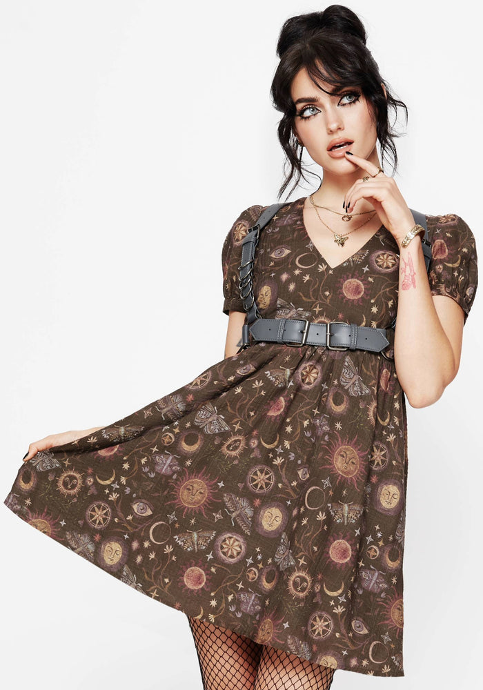 Rhea Cotton Blend Moth and Moon Print Mini Smock Dress