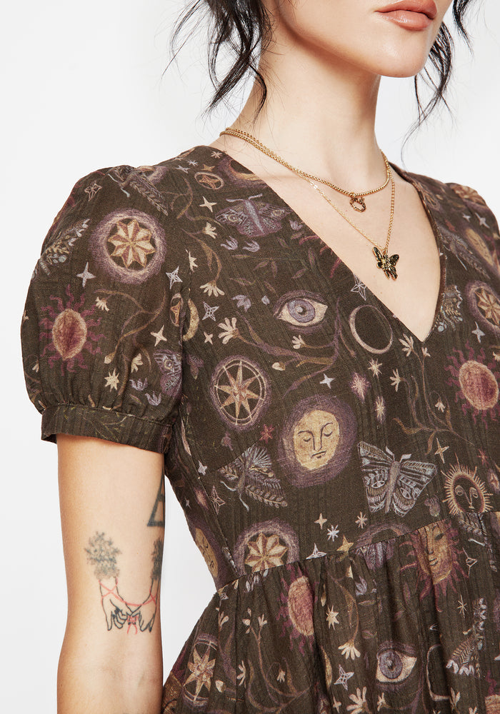 Rhea Cotton Blend Moth and Moon Print Mini Smock Dress