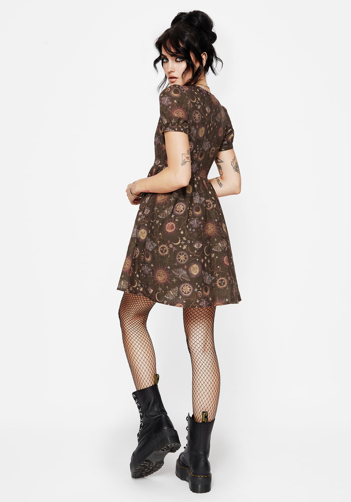 Rhea Cotton Blend Moth and Moon Print Mini Smock Dress