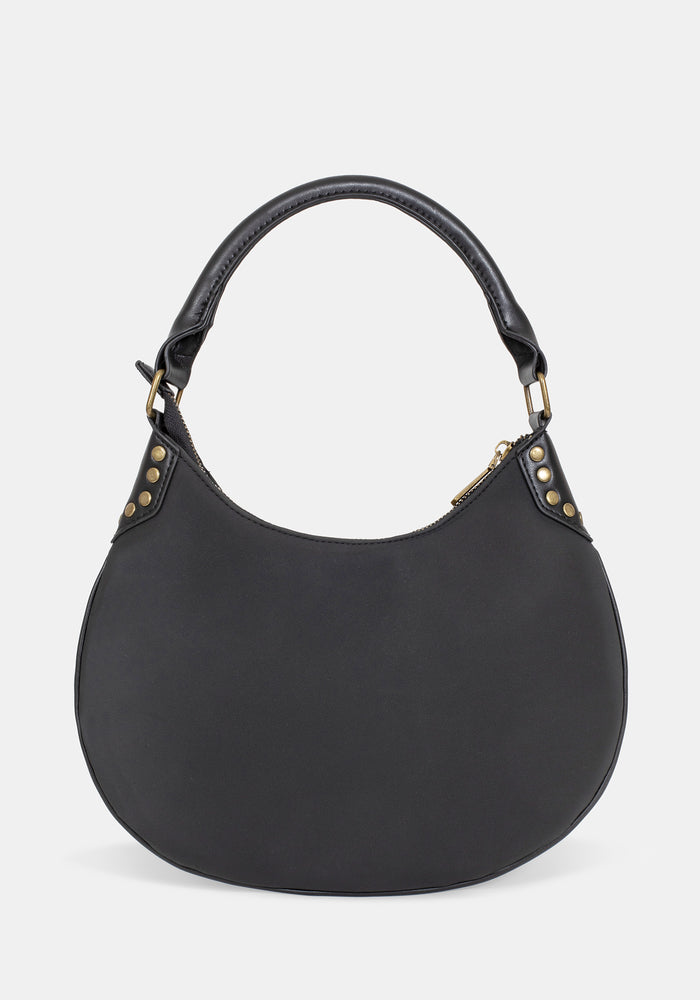 Black handbag with gold accents on a white background