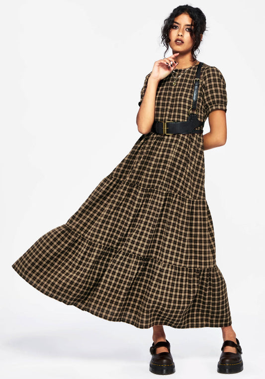 Terra Cotton Check Smock Midaxi Dress - Brown