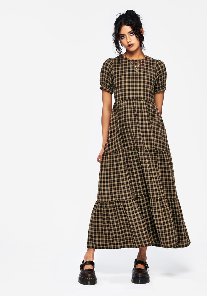 Terra Cotton Check Smock Midaxi Dress - Brown