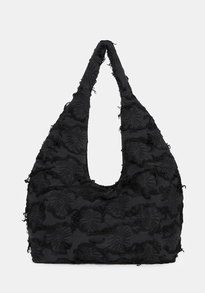 Black textured handbag on a white background