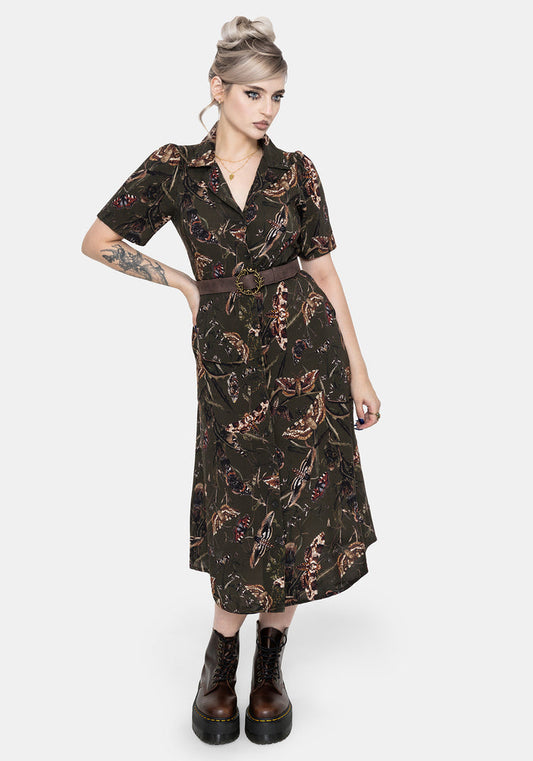 Whispen Moth Print Midi Shirt Dress