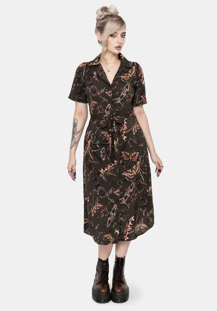 Whispen Moth Print Midi Shirt Dress