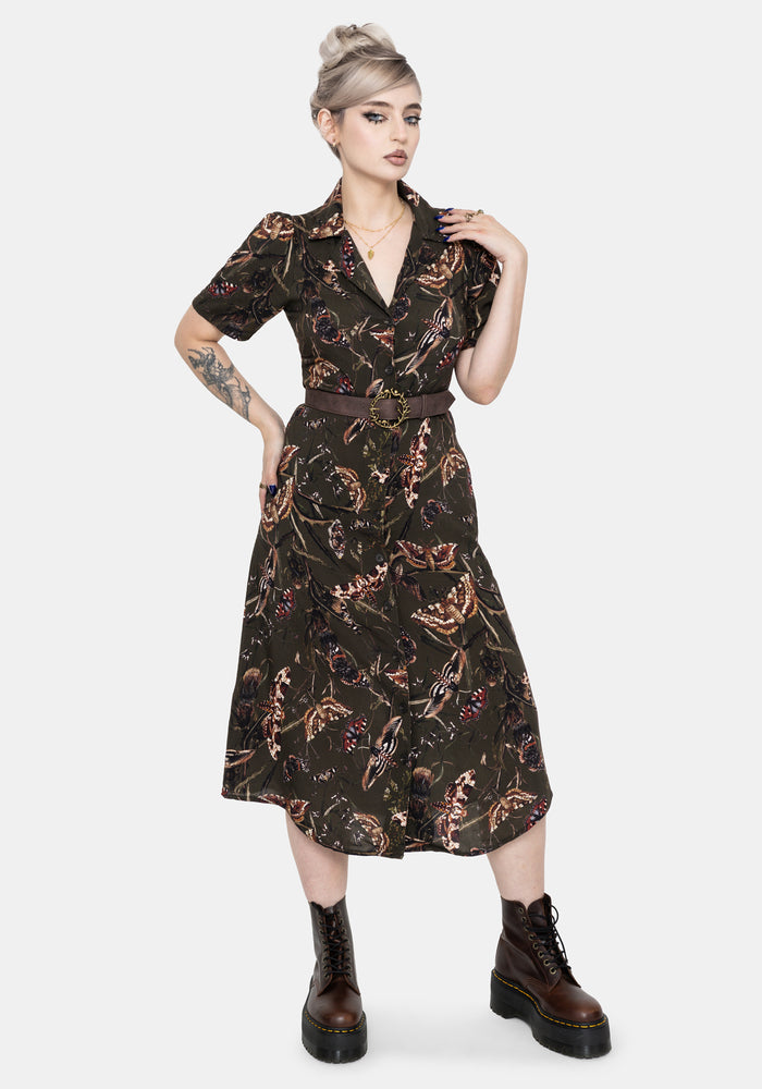 Whispen Moth Print Midi Shirt Dress
